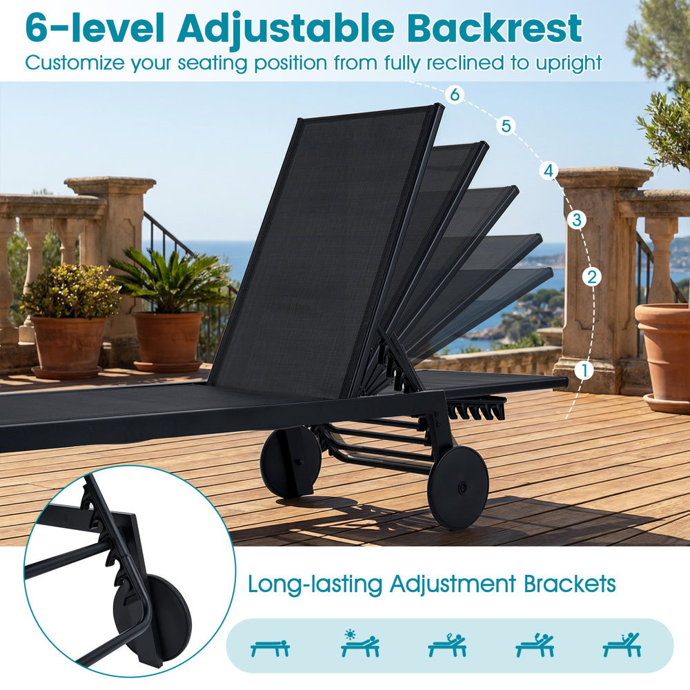 Patio chaise lounge chair with 6-level adjustable backrest and wheels for easy relocation, perfect for poolside.