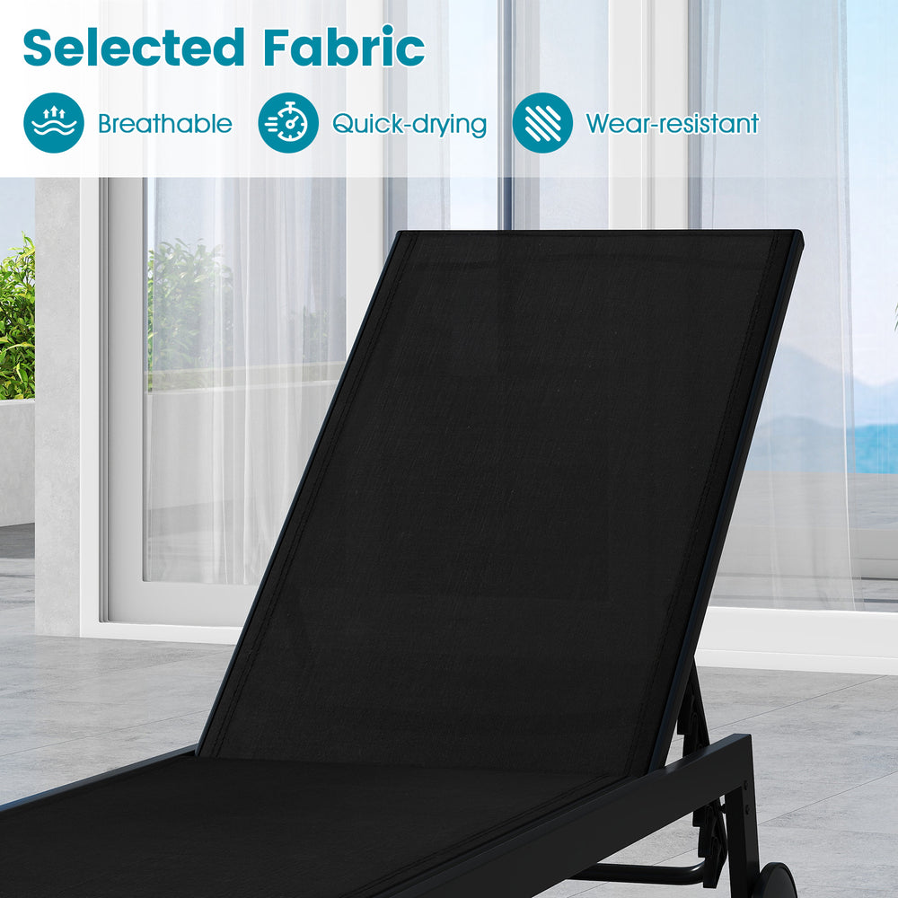 Black patio chaise lounge chair with adjustable backrest, breathable fabric, and wheels for easy relocation by the.
