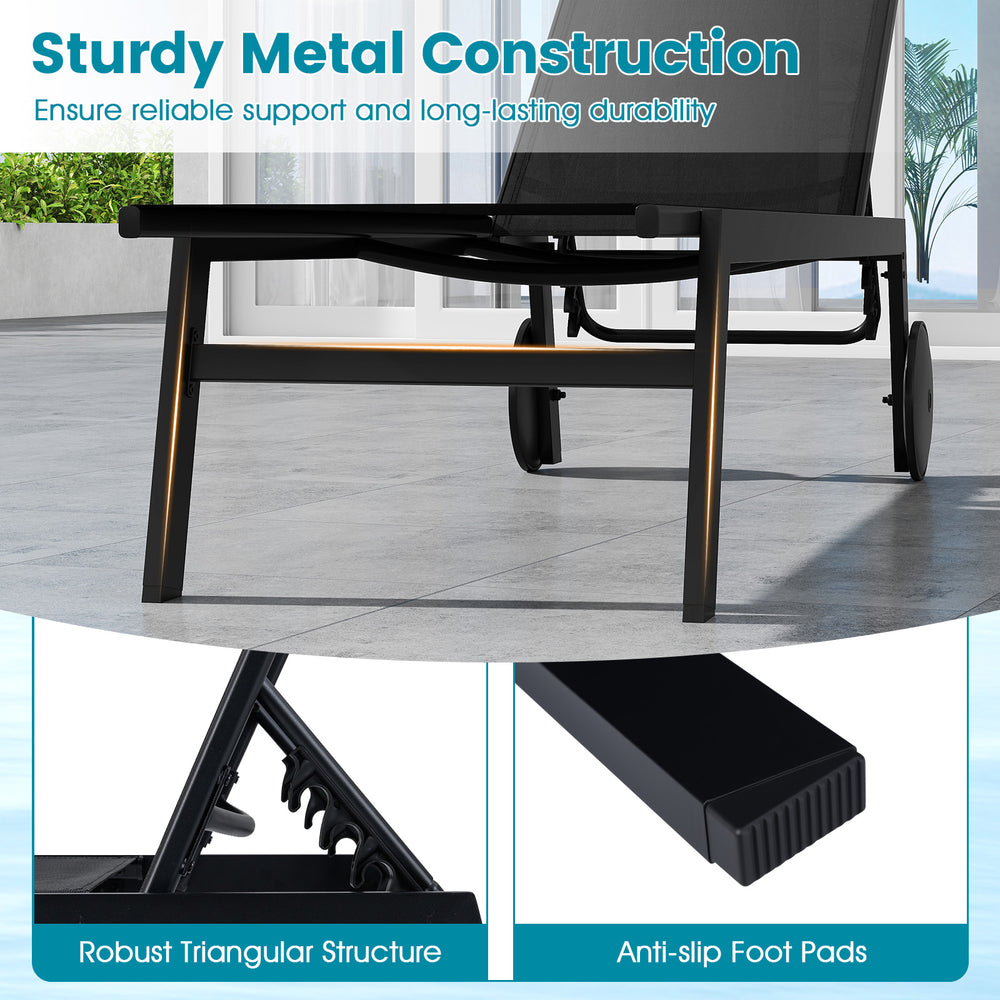 Patio chaise lounge chair with wheels, sturdy metal construction, adjustable backrest, ideal for poolside and patio use.