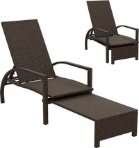 Patio chaise lounge with retractable ottoman, durable wicker surface, ergonomic design for backyard or poolside.