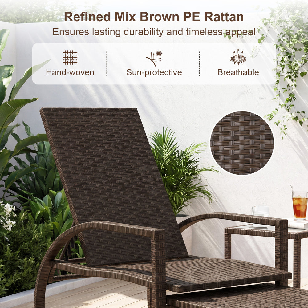 Patio chaise lounge chair in refined mix brown PE rattan with adjustable backrest and retractable ottoman for outdoor.