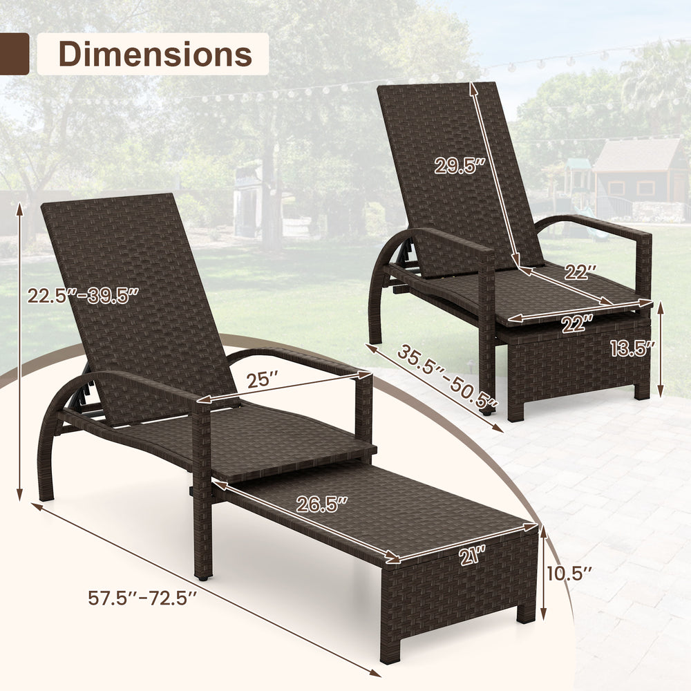 Patio chaise lounge with retractable ottoman, featuring a wicker surface and adjustable backrest for outdoor relaxation.