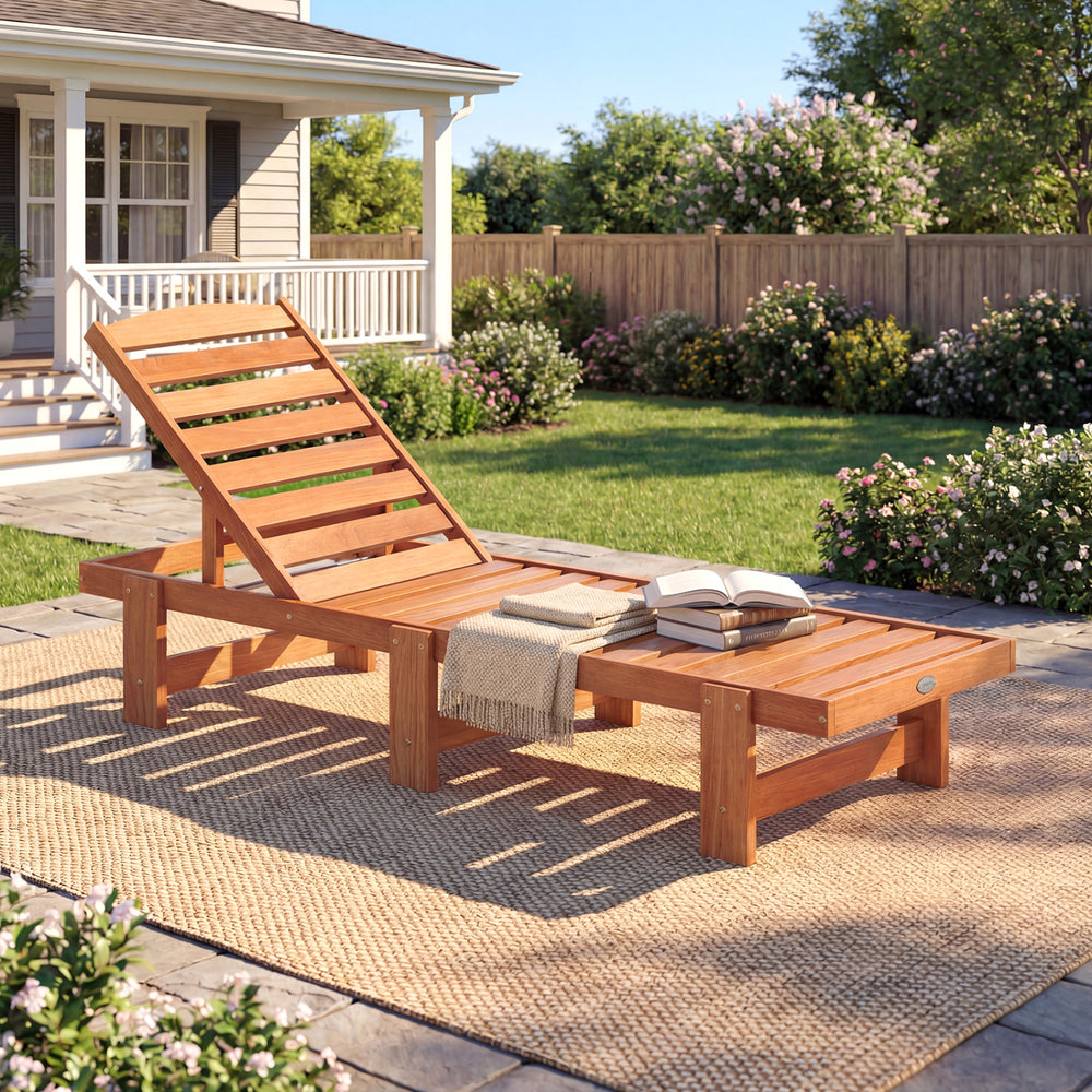 Solid wood patio chaise lounge chair with adjustable backrest, perfect for backyard or poolside relaxation.