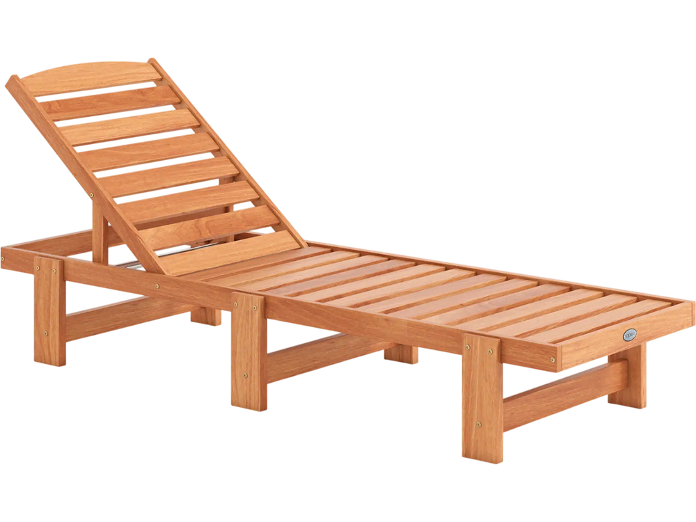 Patio Chaise Lounge Chair Solid Wood Slatted Recliner with Adjustable Backrest