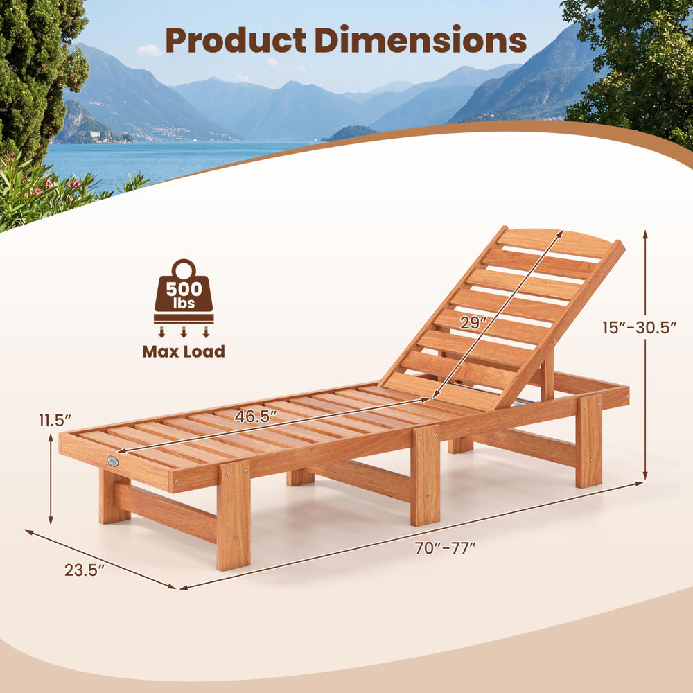Solid wood patio chaise lounge chair with adjustable backrest, slatted design for airflow, ideal for backyard.