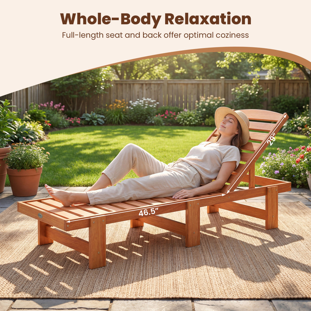 Solid wood patio chaise lounge chair with slatted design and adjustable backrest for backyard relaxation.