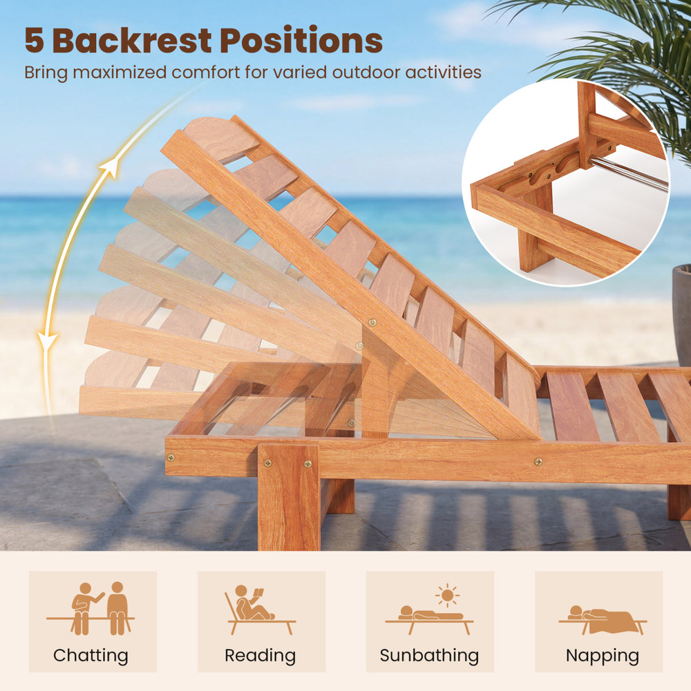 Patio chaise lounge chair with solid wood slatted design and adjustable backrest for backyard relaxation.