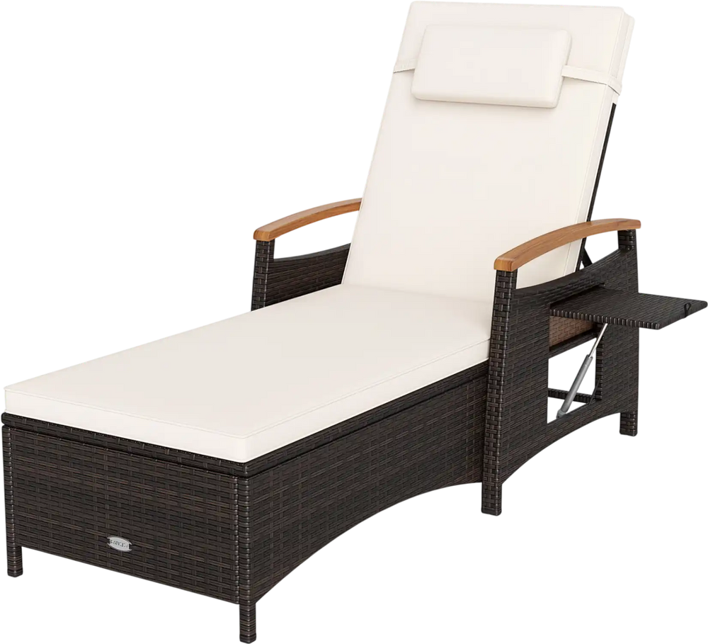 Patio chaise lounge features a 7-level adjustable backrest, removable cushion, and premium PE rattan for poolside comfort.