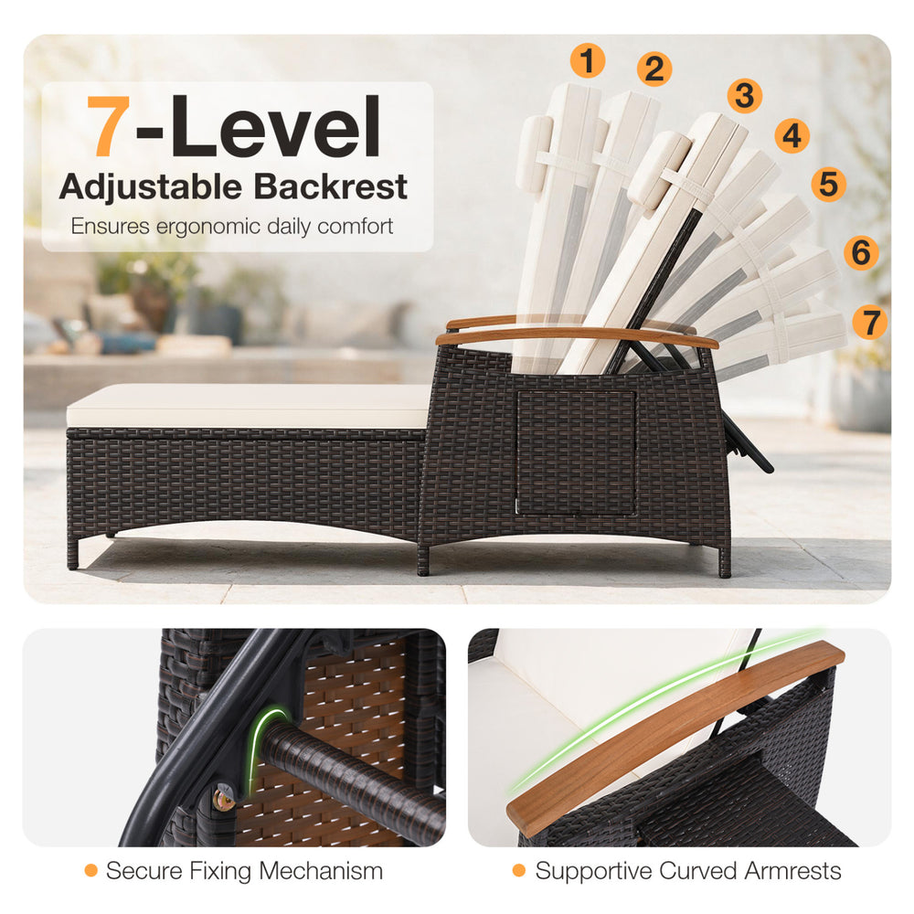 Patio chaise lounge features a 7-level adjustable backrest, premium PE rattan, and a removable cushion for poolside comfort.