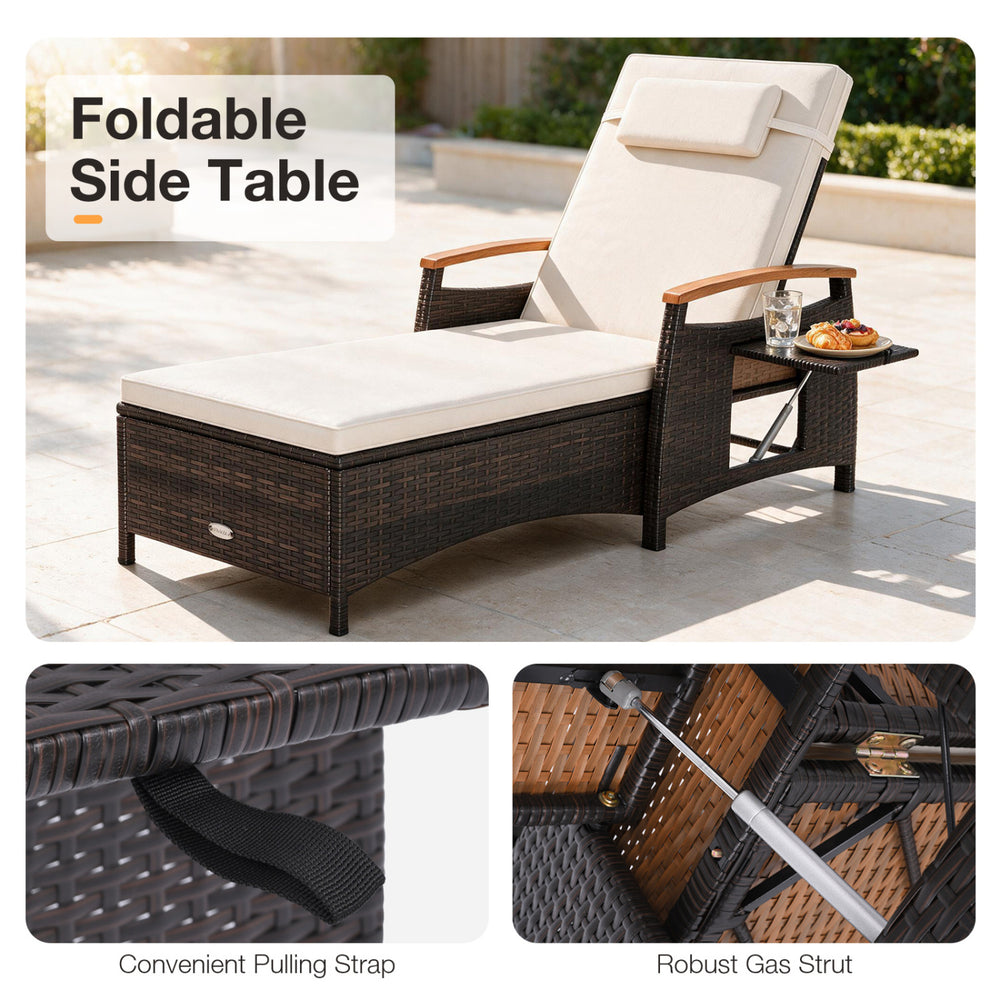 Patio chaise lounge with adjustable backrest, removable cushion, and foldable side table for poolside relaxation.
