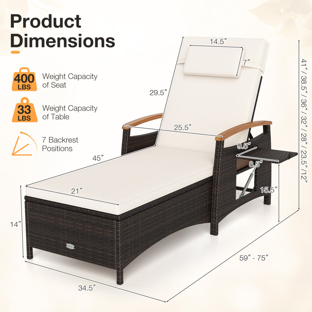 Patio chaise lounge with 7-level adjustable backrest, removable cushion, and premium PE rattan for poolside comfort.