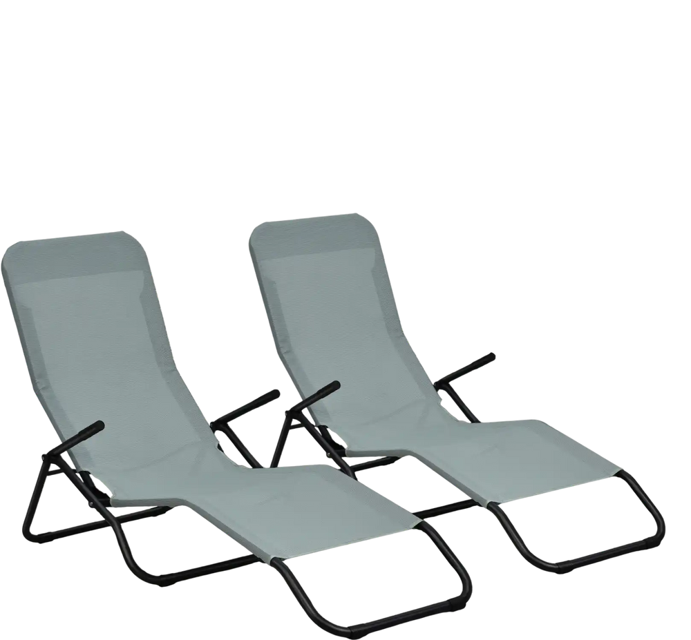 Two light green folding patio chaise loungers with rocking design, perfect for backyard relaxation and easy storage.