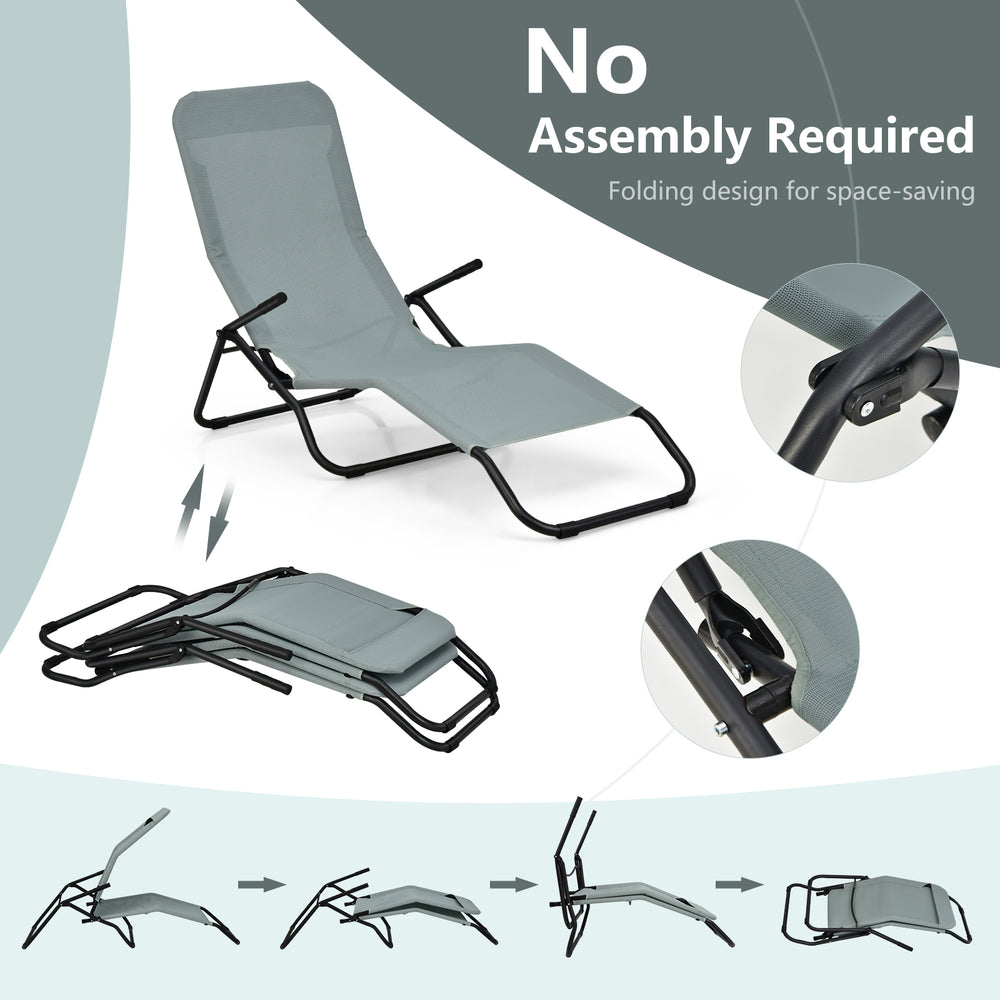 Light green folding patio chaise lounger with rocking design, ergonomic seat, and sturdy steel frame for outdoor.