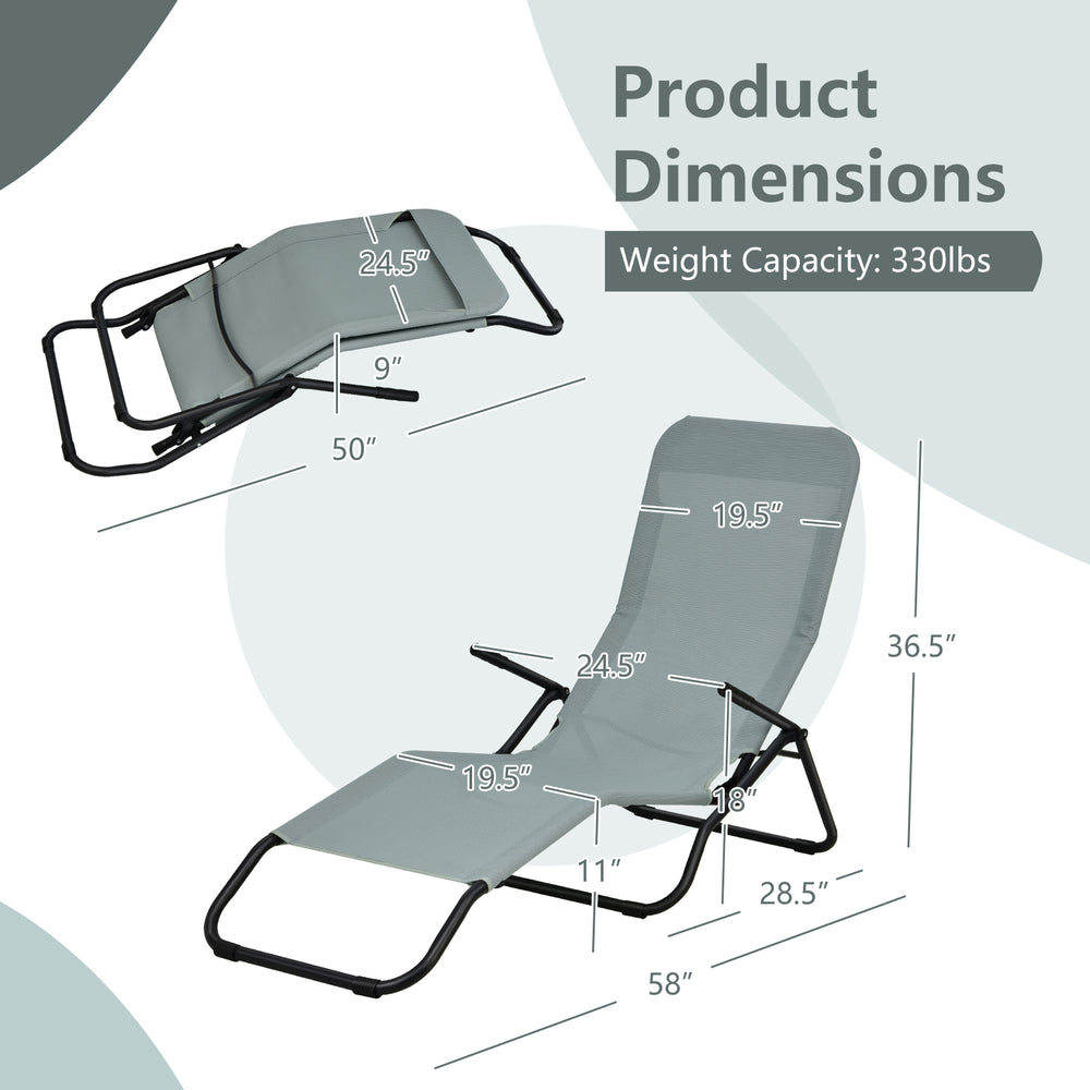 Folding portable patio chaise lounger in light green with rocking design, ergonomic backrest, and breathable fabric.