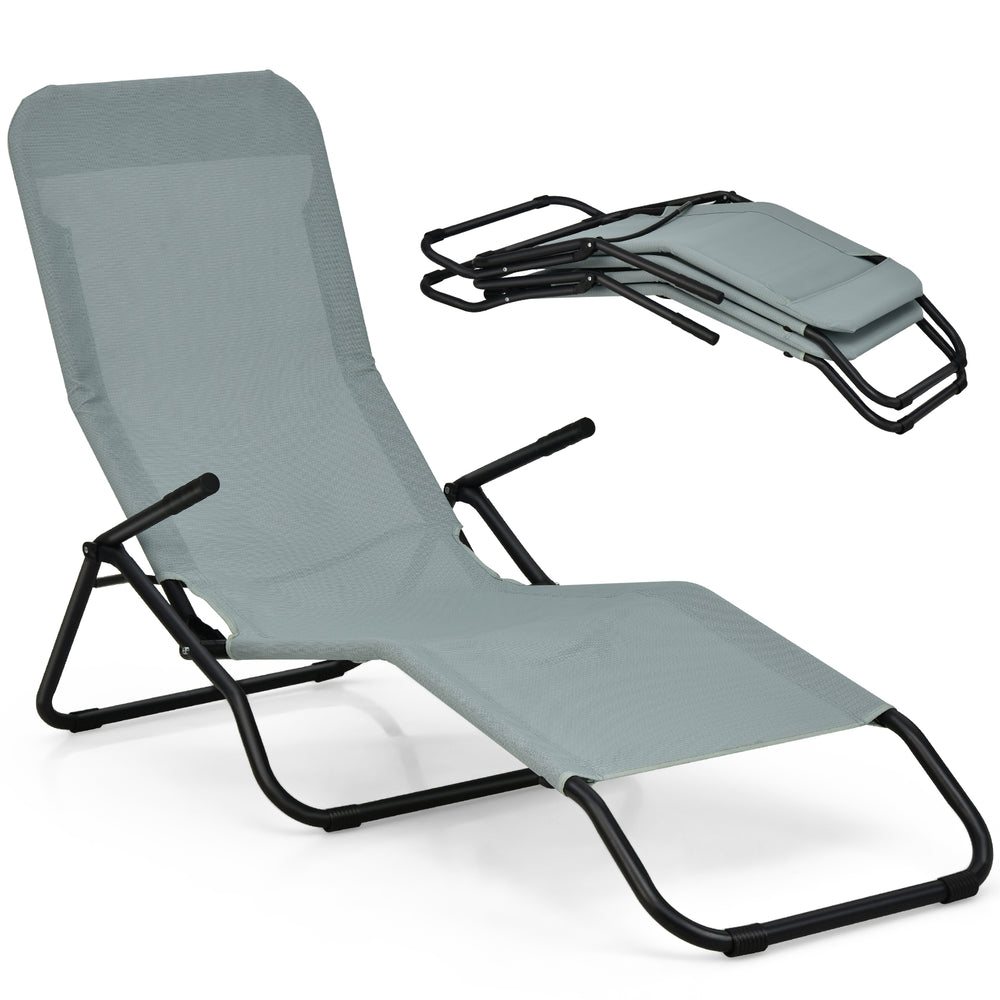 Single light green folding patio chaise lounger with sturdy steel frame and ergonomic design, ideal for outdoor use and.