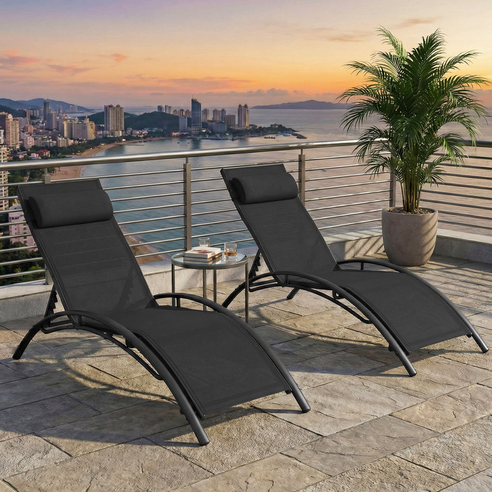 Set of 2 black patio chaise lounges with adjustable backrests, perfect for outdoor relaxation and sunbathing.