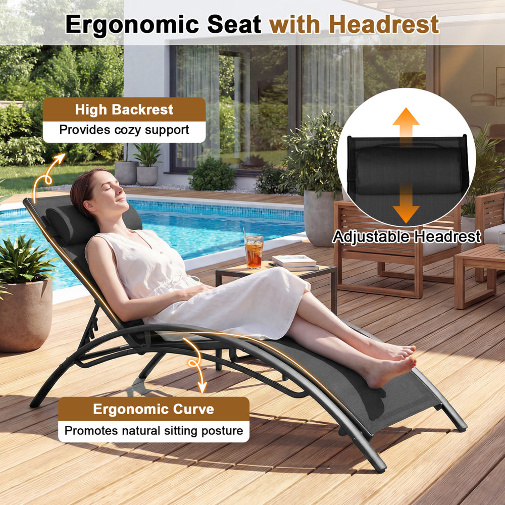 Patio chaise lounge with adjustable headrest and ergonomic curve, featuring a sturdy black metal frame for outdoor.