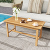 Teak wood patio coffee table with a smooth, wide slatted top, perfect for holding drinks and snacks by the poolside.