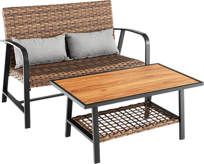 Costway 2-Piece Patio Rattan Coffee Table Set w/ Shelf & Quick-Dry Cushion 16472385 New