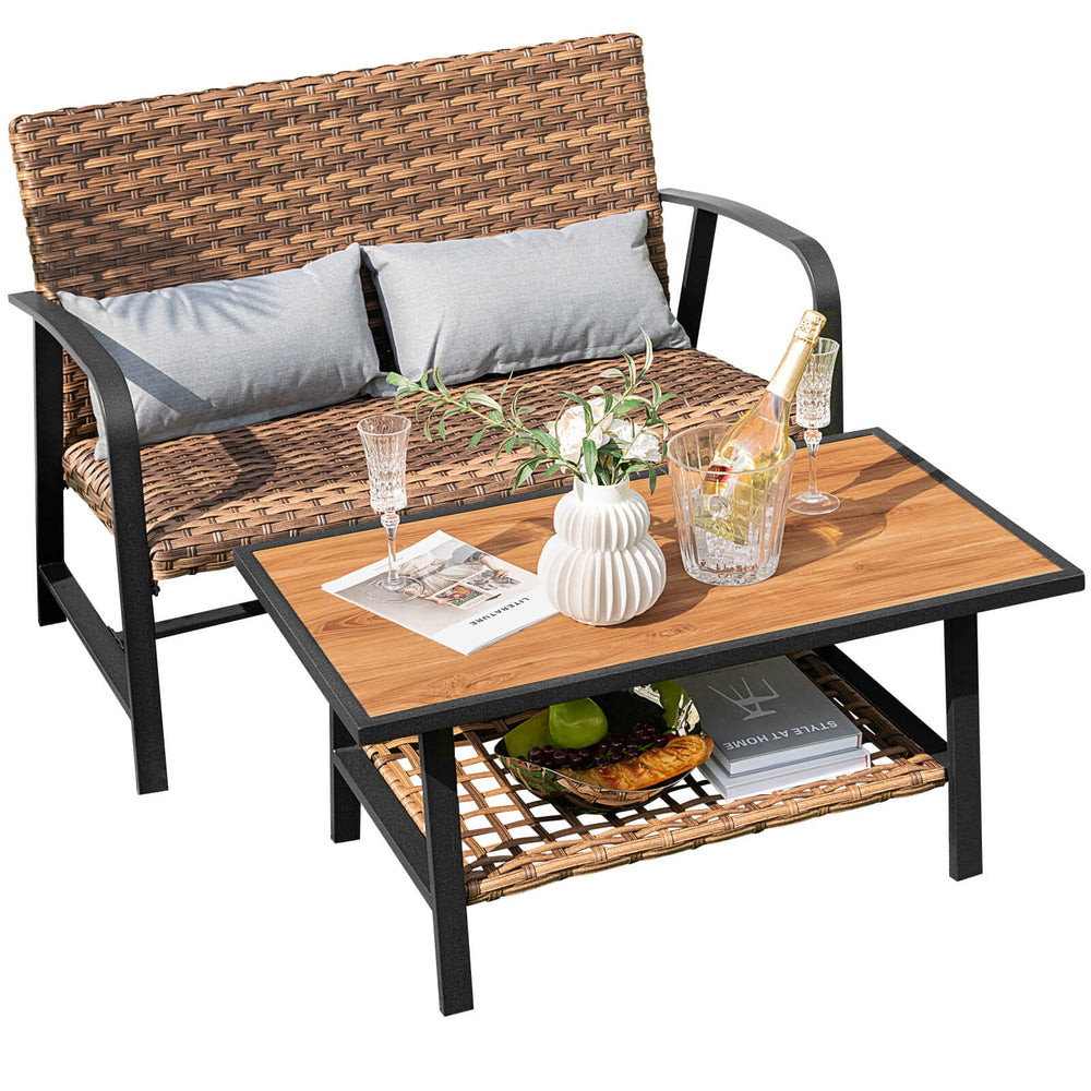 Patio rattan coffee table set featuring a 2-tier design, quick-dry cushions, and sturdy metal frame for outdoor use.