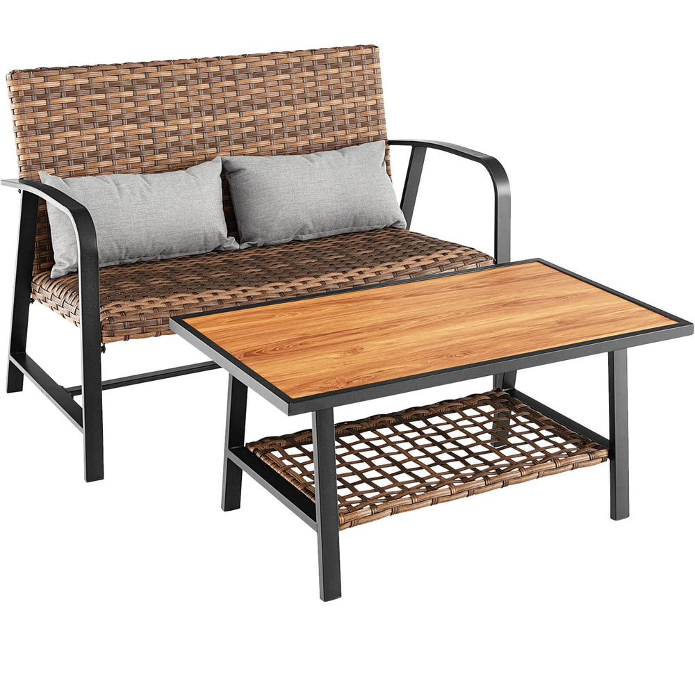 Patio rattan coffee table set featuring a sturdy metal frame, quick-dry cushions, and a 2-tier storage table for.