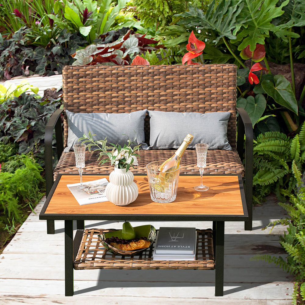 Patio rattan coffee table set with shelf, featuring quick-dry cushions and sturdy metal frame, ideal for outdoor.