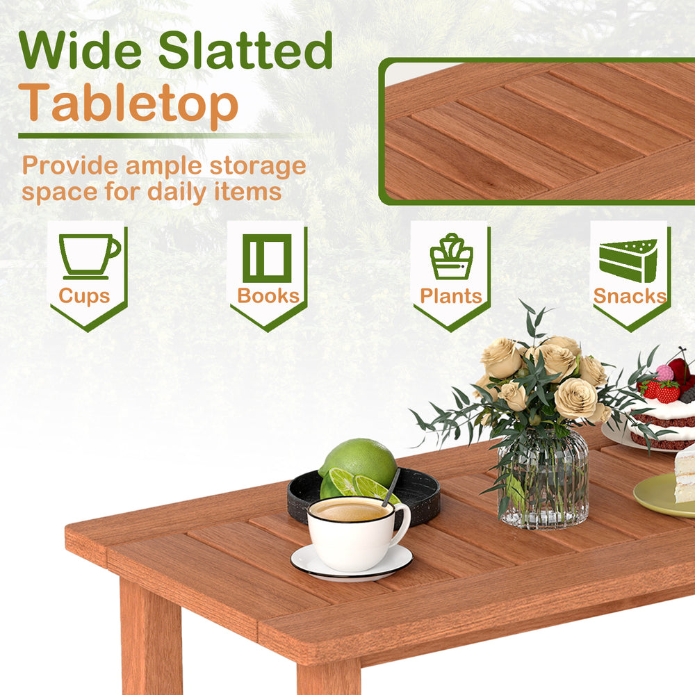 Rectangular patio coffee table with slatted tabletop, made of high-quality wood, ideal for deck or poolside use.