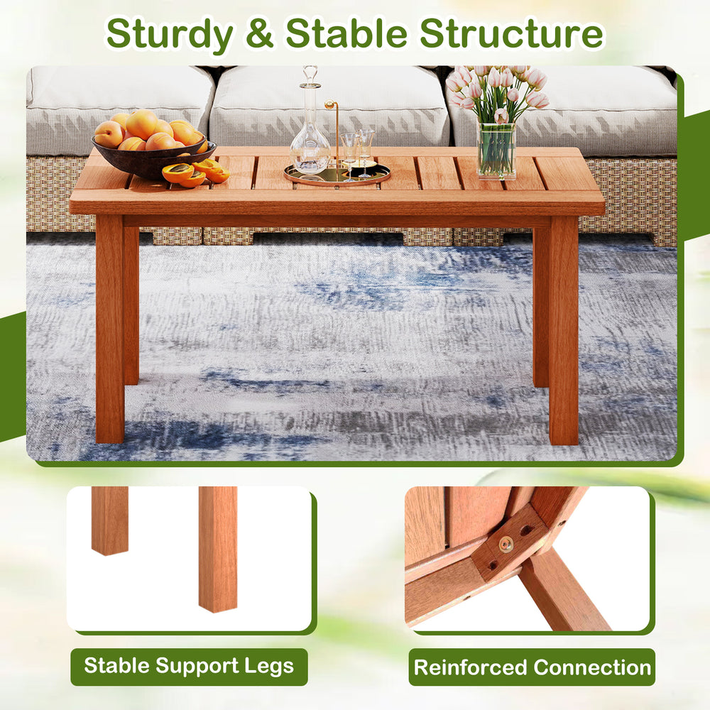 Patio coffee table with slatted tabletop, made of high-quality wood, ideal for deck or poolside use.