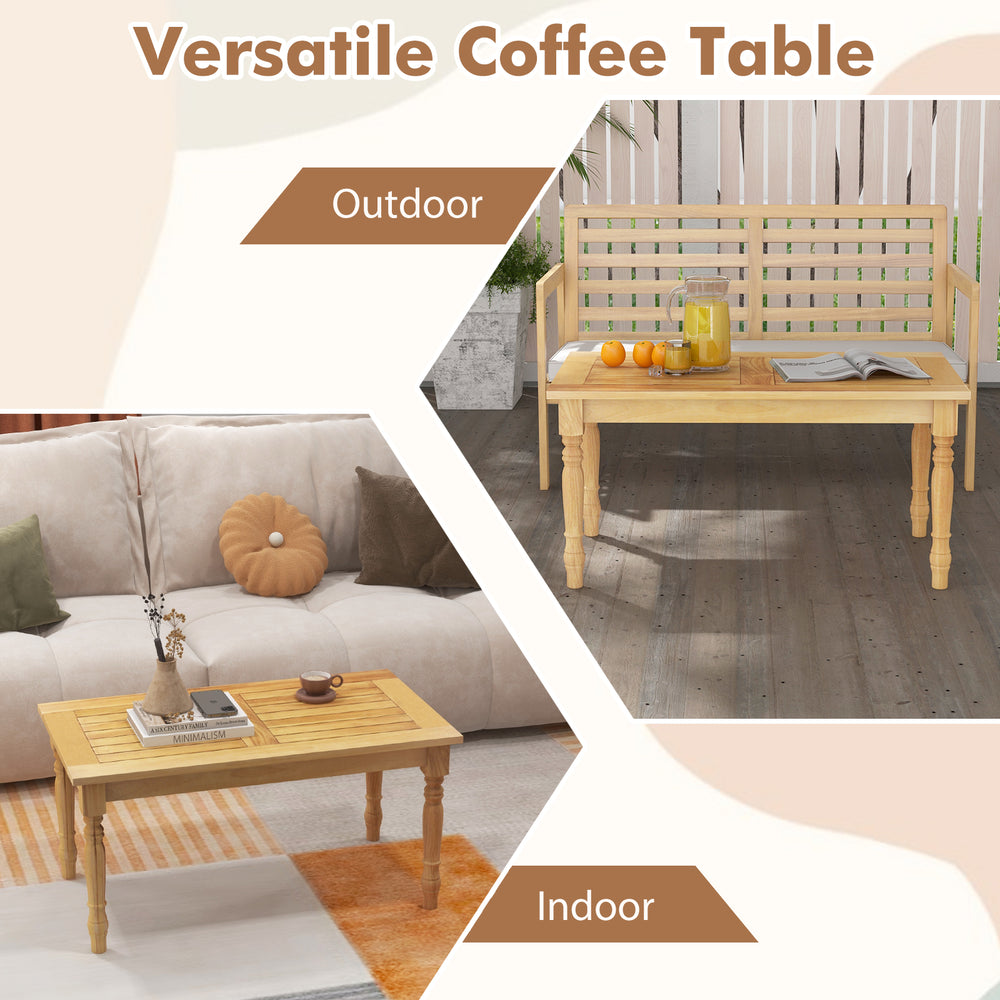 Versatile patio coffee table made of solid teak wood, featuring a slatted tabletop for indoor and outdoor use.