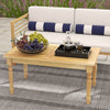 Patio coffee table with solid teak wood structure, slatted tabletop, and a natural finish, ideal for indoor and outdoor.