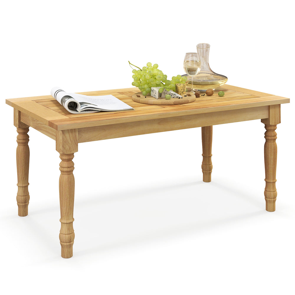 Patio coffee table with solid teak wood structure and slatted tabletop, perfect for indoor and outdoor use.