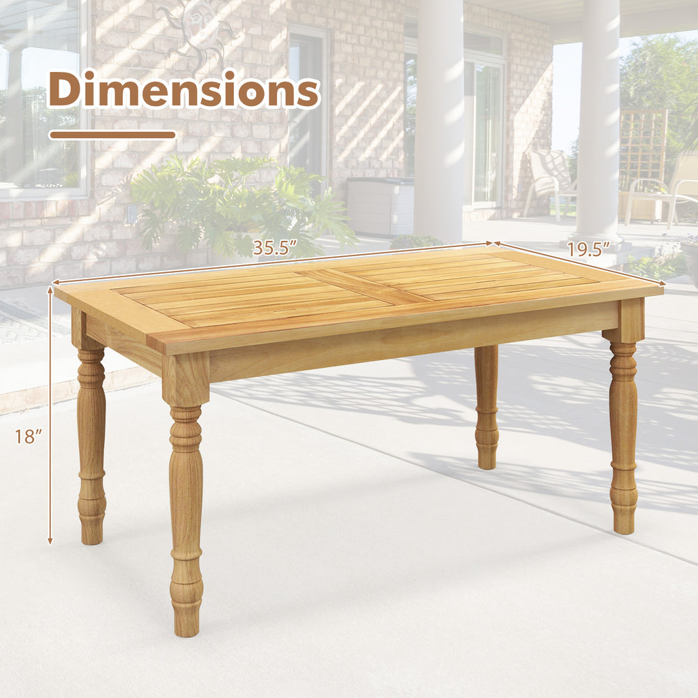 Patio coffee table with solid teak wood structure, slatted tabletop, and dimensions of 35.5" x 19.5" x 18" for.