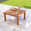 Patio coffee table with a slatted top and teak oil finish, showcasing a sturdy triangular structure for outdoor.