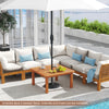 Patio coffee table with teak oil finish, featuring a 2" umbrella hole, perfect for outdoor settings like yards and.
