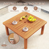 Solid wood patio coffee table with teak oil finish, featuring a slatted top and 2" umbrella hole for outdoor use.