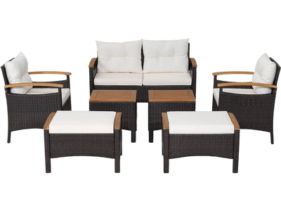 Costway 7-Piece Rattan Patio Sofa Set Acacia Wood Tabletop Armrests 83476215 New