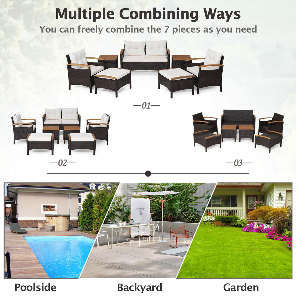 7 piece rattan patio sofa set with acacia wood tabletop, ideal for poolside, backyard, or garden relaxation.