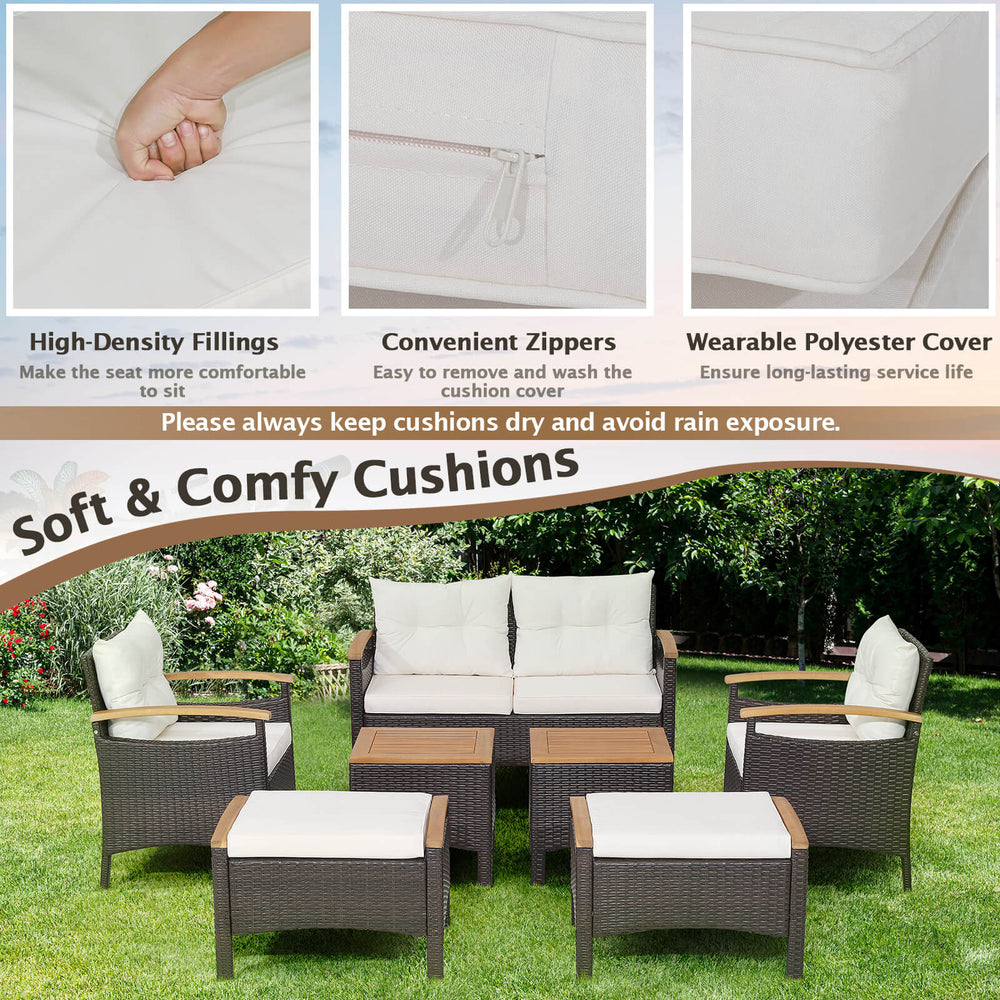 7-piece rattan patio sofa set with acacia wood tabletop, featuring soft cushions and ergonomic design for outdoor.
