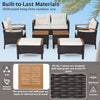 7-piece rattan patio sofa set featuring acacia wood armrests and tabletop, ideal for outdoor relaxation by the poolside.