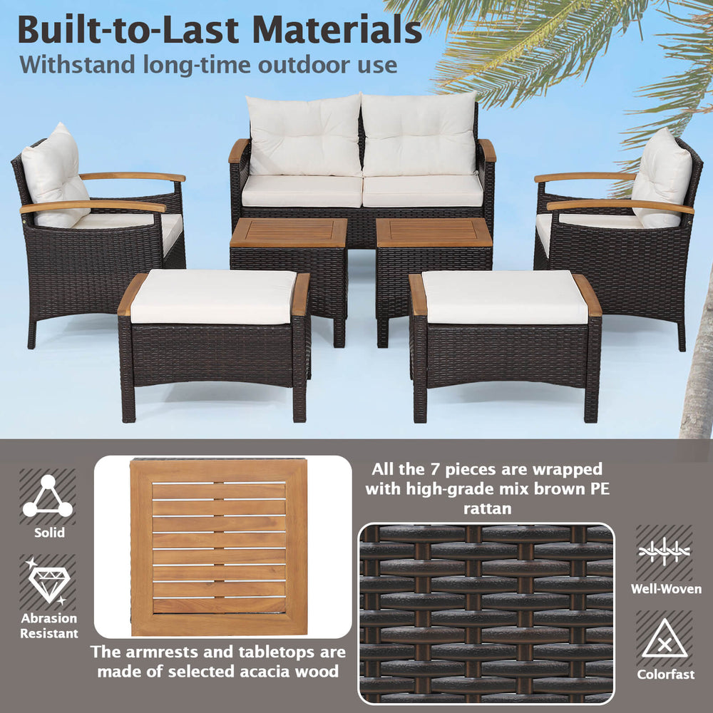 7-piece rattan patio sofa set featuring acacia wood armrests and tabletop, ideal for outdoor relaxation by the poolside.