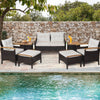 7-piece rattan patio sofa set with acacia wood tabletop, featuring soft cushions, ideal for poolside relaxation.