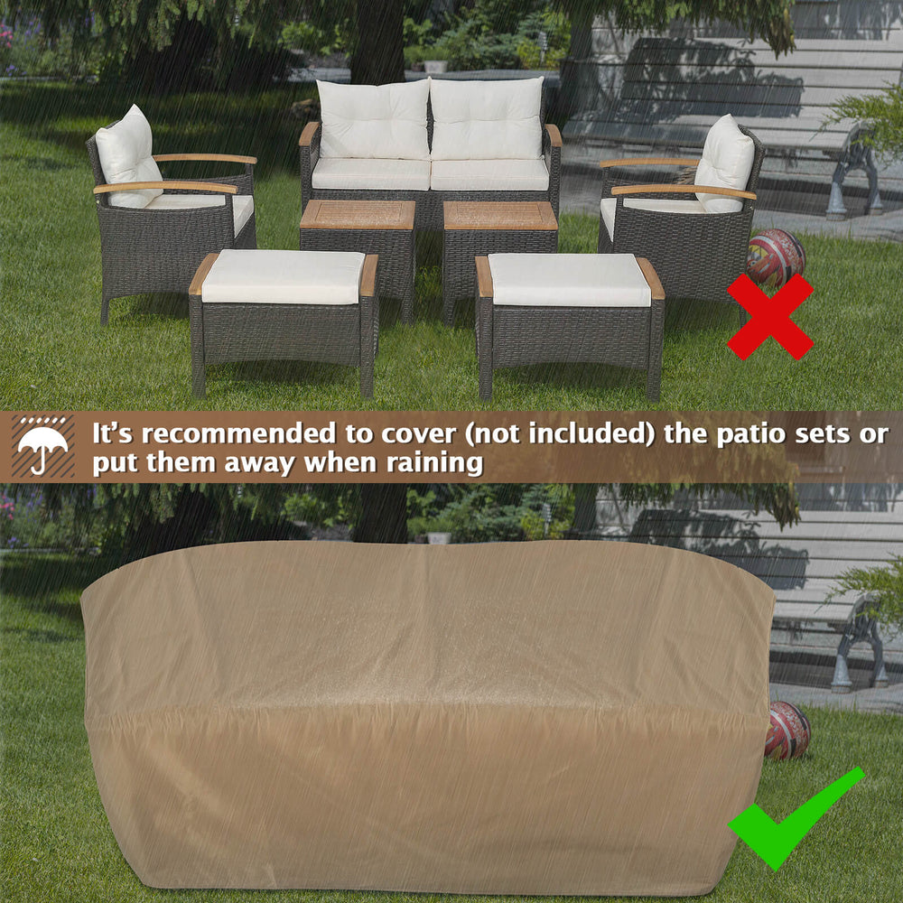 7-piece rattan patio sofa set with acacia wood tabletop, featuring soft cushions, ideal for outdoor relaxation.