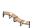 Curved patio bench with acacia wood slatted seat and metal legs, ideal for backyard or poolside relaxation.