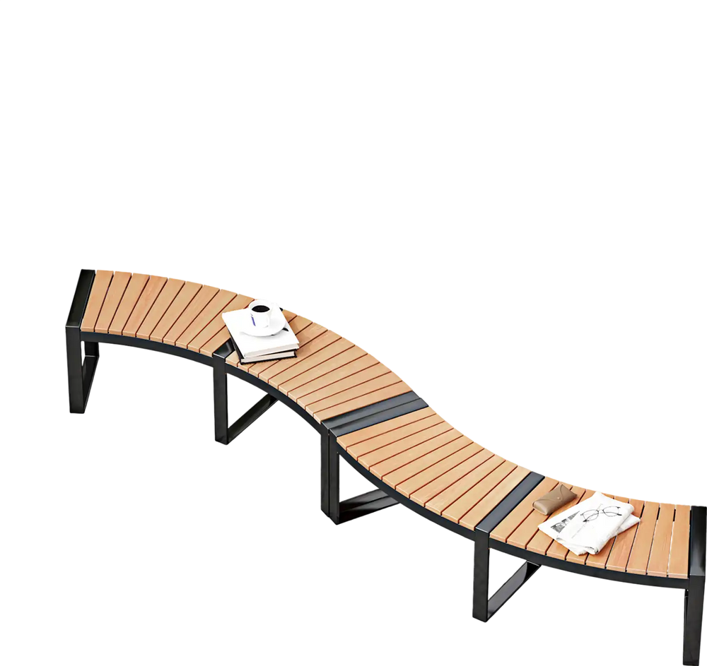 Curved patio bench with acacia wood slatted seat and metal legs, ideal for backyard or poolside relaxation.