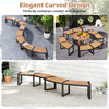 Curved patio bench set with acacia wood slatted seats and metal legs, ideal for backyard or poolside relaxation.