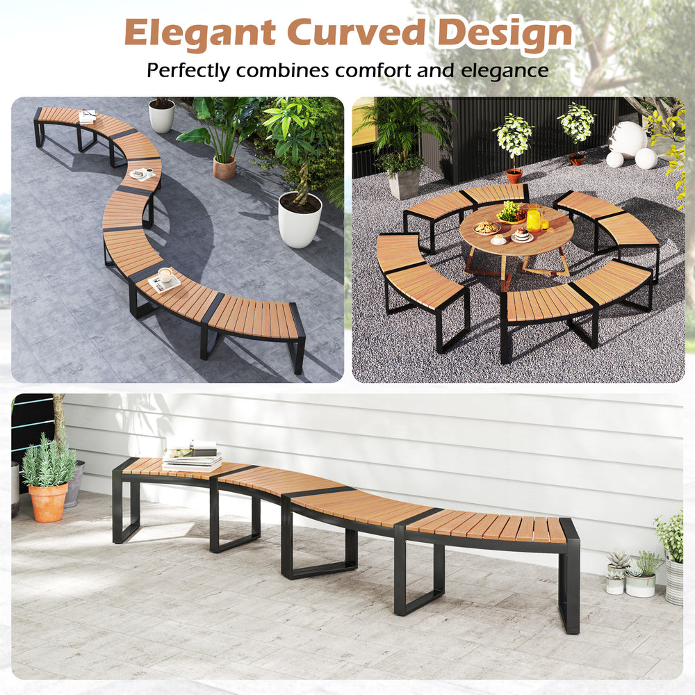 Curved patio bench set with acacia wood slatted seats and metal legs, ideal for backyard or poolside relaxation.