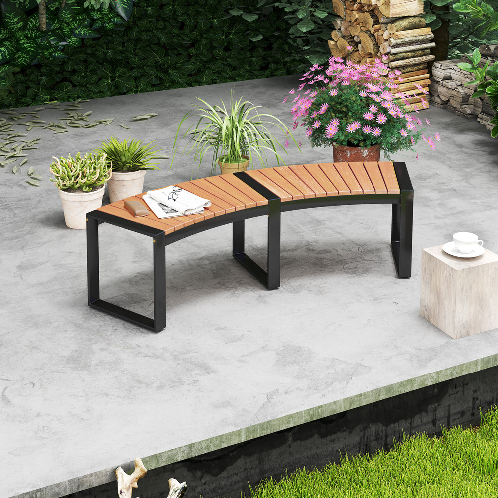 Curved patio bench with a slatted acacia wood seat and strong metal legs, perfect for stylish outdoor comfort.