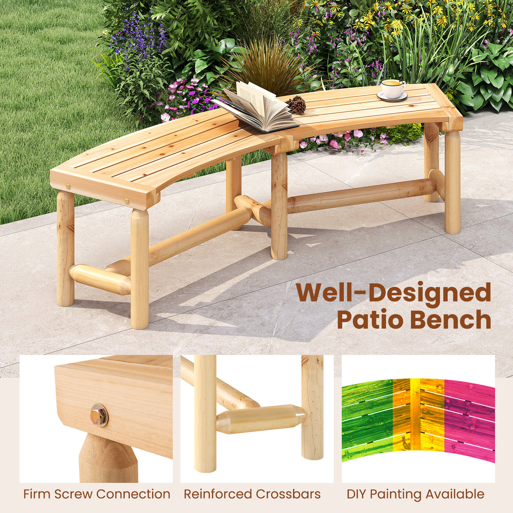 Curved solid wood patio bench with a natural finish, designed for outdoor use, suitable for gardens and poolside.