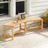 Curved solid wood patio bench in natural finish, designed for outdoor seating, suitable for gardens and poolside use.