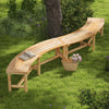 Curved solid wood patio bench with natural finish, designed for outdoor spaces like gardens and poolside, seats 2-3.